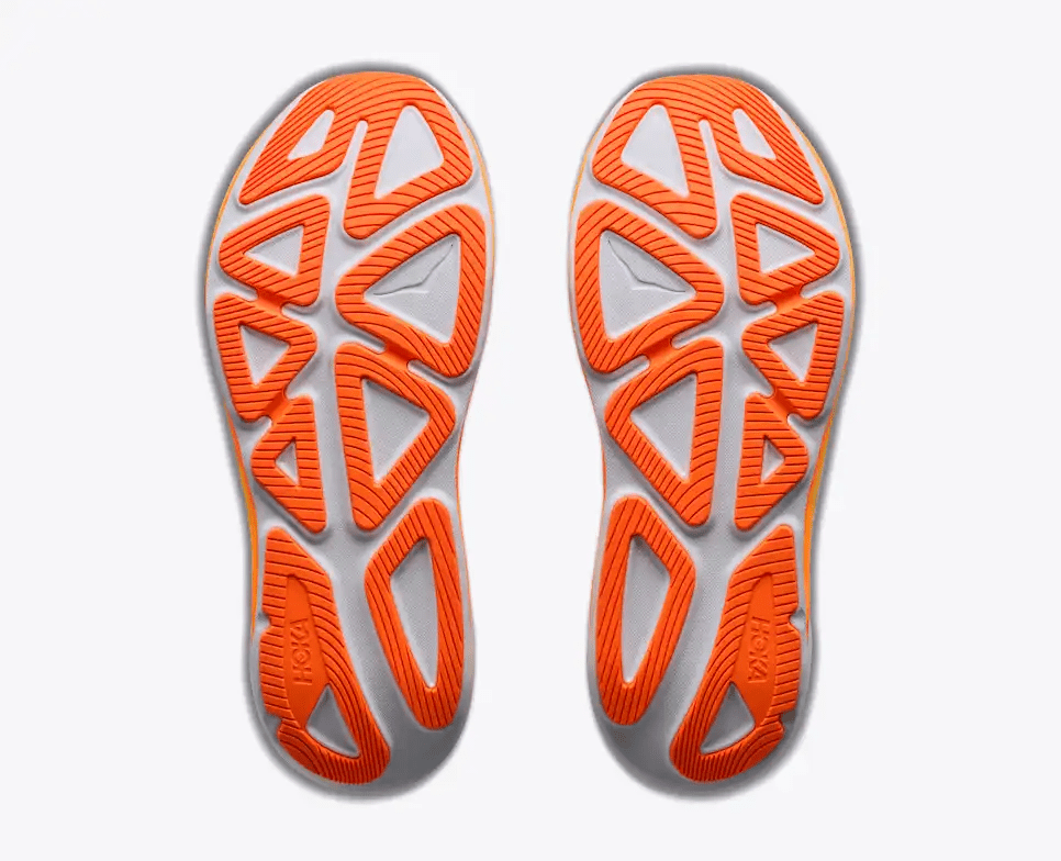 Suela de la HOKA Clifton PRO con diseño podular, Durabrasion Rubber y Super Abrasion Rubber.