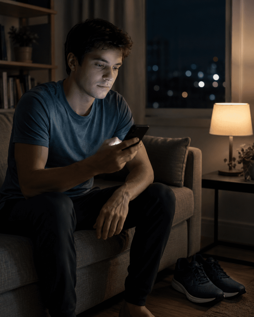 Estudiante con móvil por la noche y zapatillas de running como alternativa de hábito saludable