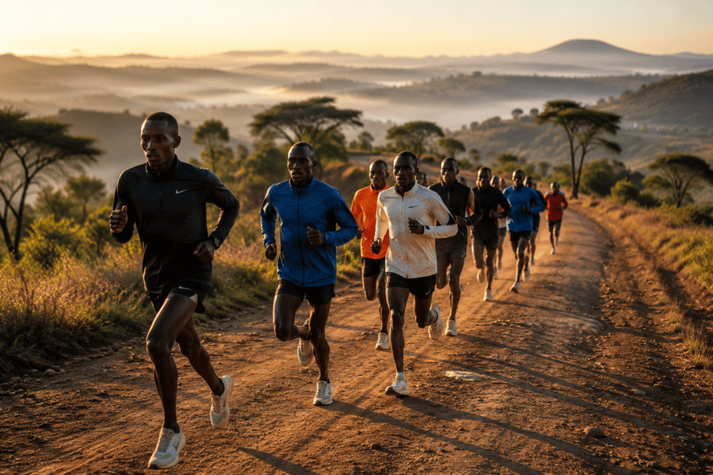 Grupo de corredores entrenando con ritmo variable por terreno ondulado