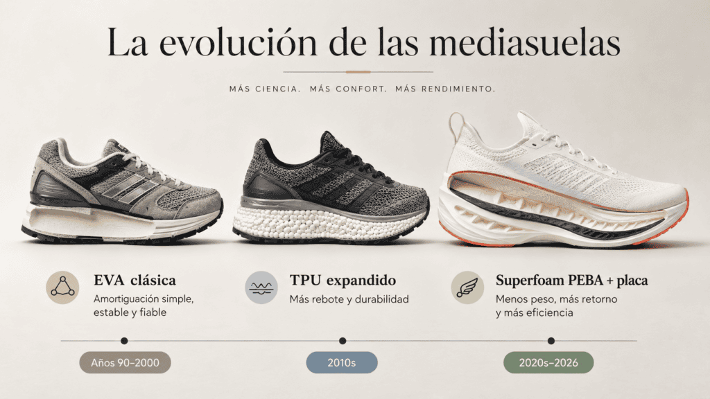 Evolución de las mediasuelas de zapatillas de running desde la EVA clásica hasta el TPU expandido y los superfoams modernos con PEBA y placa.