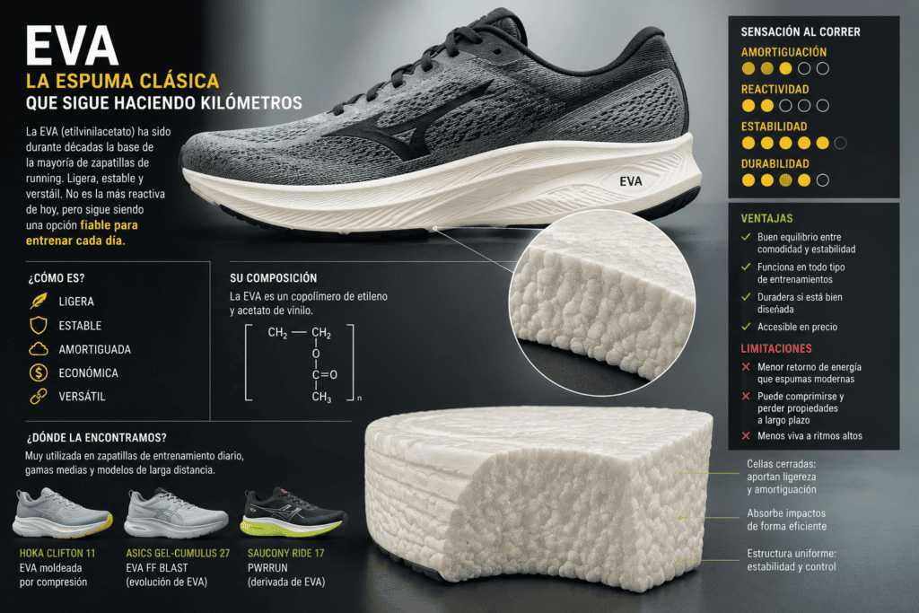 Infografía sobre mediasuela EVA en zapatillas de running, con una zapatilla de entrenamiento diario, detalle de la espuma y explicación de sus ventajas y limitaciones.