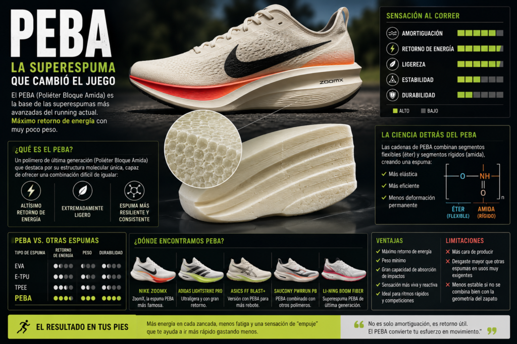Infografía sobre espuma PEBA en zapatillas de running, con detalle ampliado de la mediasuela, explicación de su retorno de energía, ligereza y uso en zapatillas de competición.