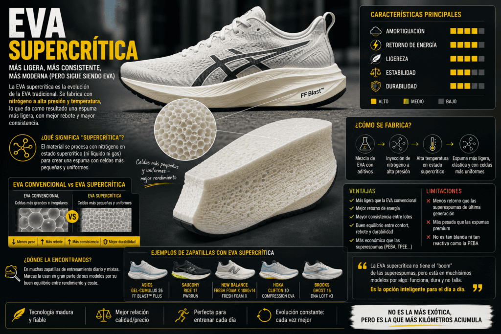 Infografía sobre EVA supercrítica en zapatillas de running, con detalle ampliado de la estructura celular de la espuma y explicación de sus ventajas frente a la EVA convencional.