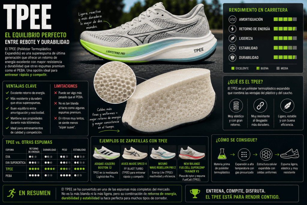 Infografía sobre espuma TPEE en zapatillas de running, con detalle de la estructura de la mediasuela, explicación de su retorno de energía, durabilidad y ejemplos de uso en modelos de entrenamiento rápido y competición.