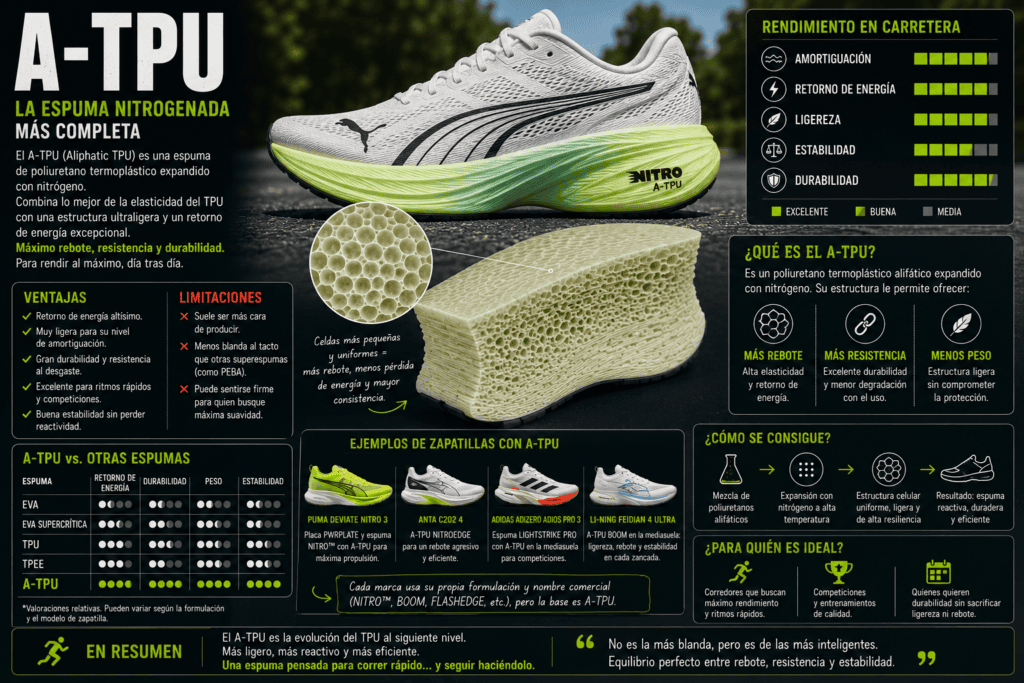 Infografía sobre espuma A-TPU en zapatillas de running, con detalle ampliado de la estructura celular de la mediasuela y explicación de su equilibrio entre rebote, ligereza, estabilidad y durabilidad.