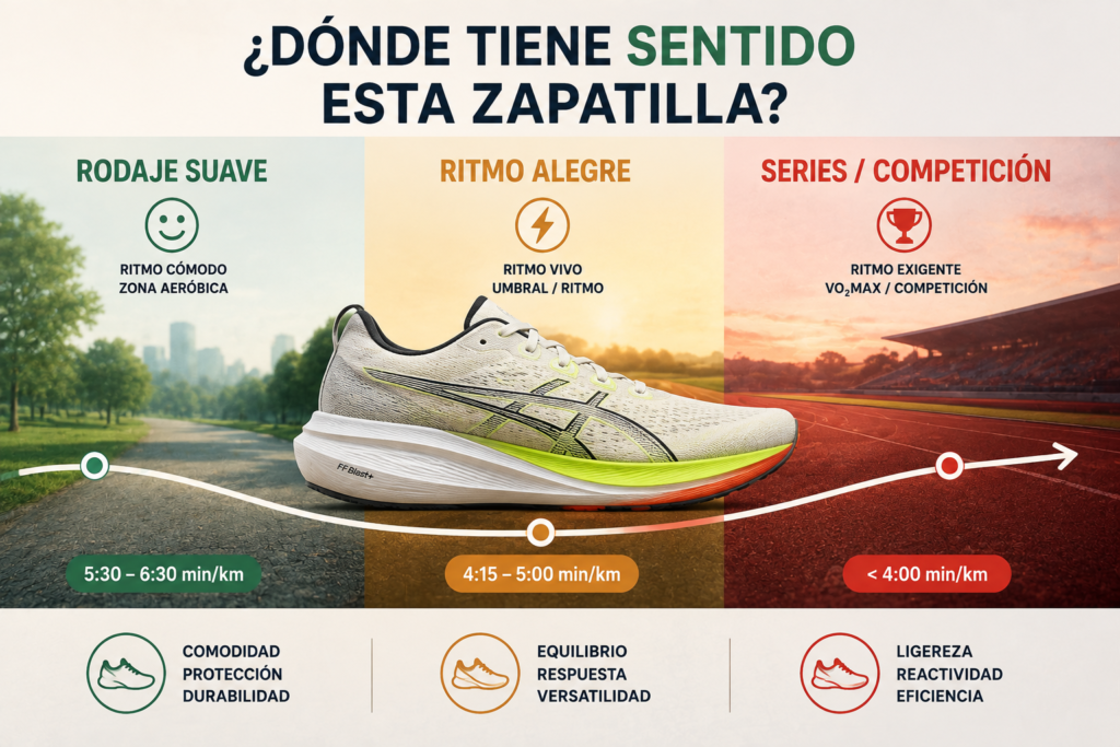 Infografía de prueba de zapatillas según ritmos de carrera