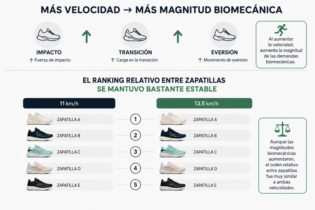 Infografía sobre velocidad de carrera y respuesta biomecánica relativa entre zapatillas