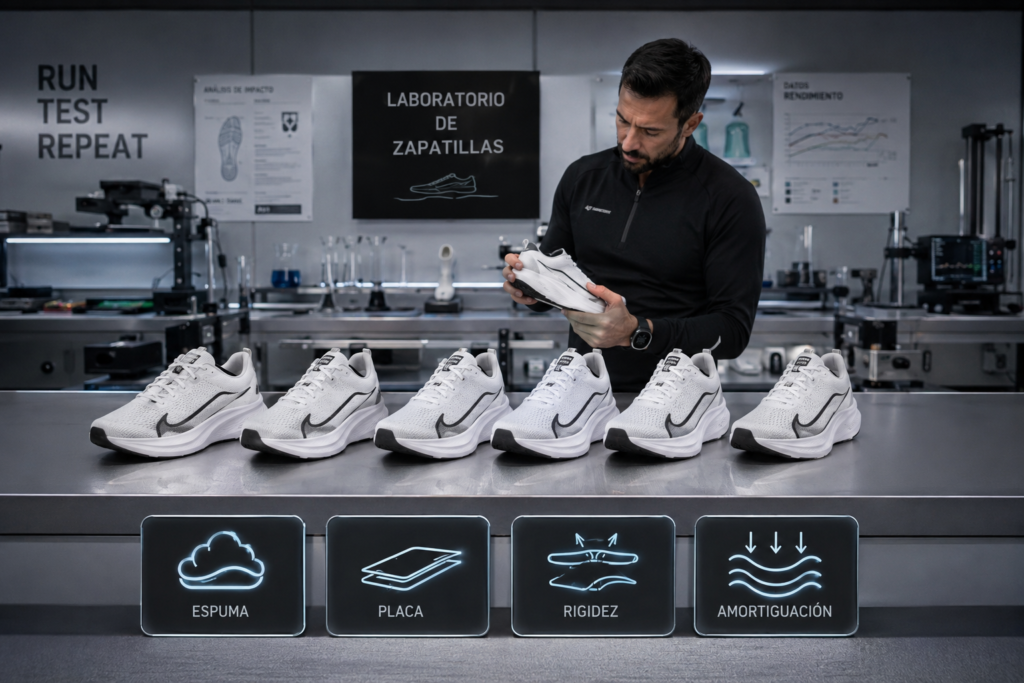 Varias zapatillas de running experimentales con distinta amortiguación y rigidez de mediasuela